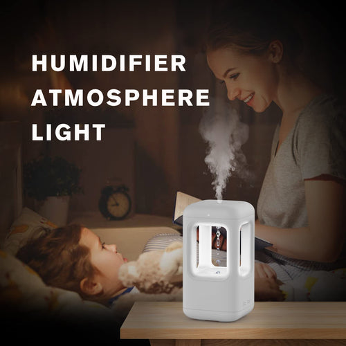 The Drift by Humidly glowing softly on a bedside table in a warm, dim bedroom