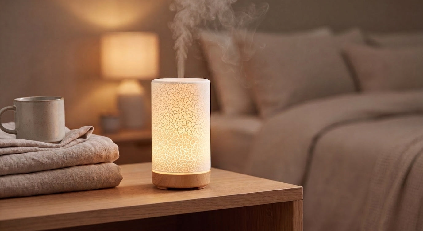 A cylindrical LED diffuser lamp with a textured white body and a light wood base, emitting a warm glow and mist, placed on a wooden bedside table in a cozy bedroom setting.